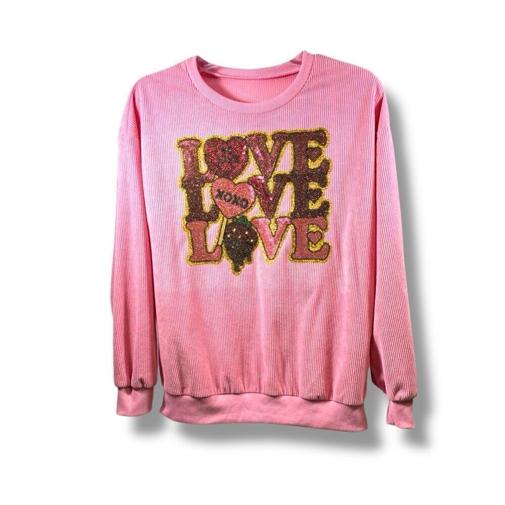 SHEIN Sequined Love Hearts Oversize Sweatshirt in Pink Size XS